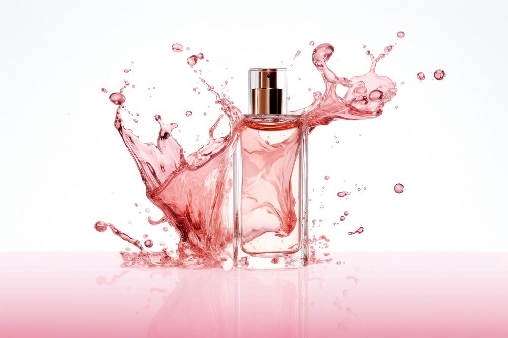 Pink perfume with splash cosmetics falling bottle.