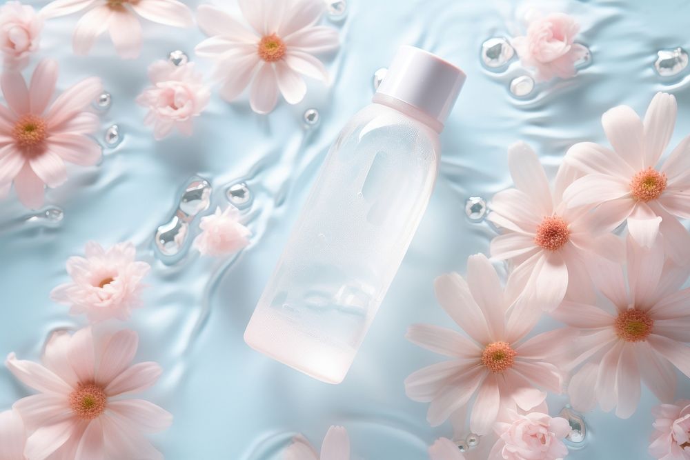 Skincare bottle on water floor pattern flower petal plant.