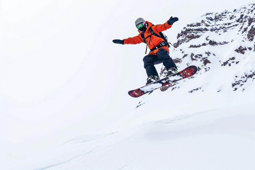 Snowboarder jumping through air snow recreation snowboard.