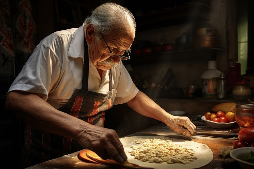 Spanish grandpa making a taco cooking adult food.