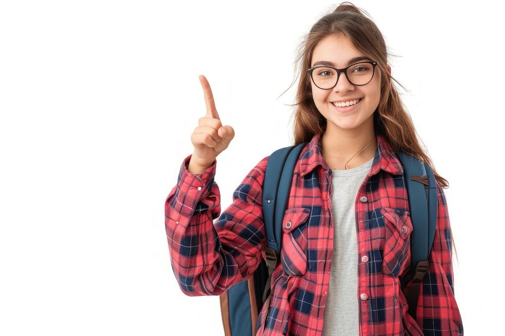 Student woman pointing glasses finger.