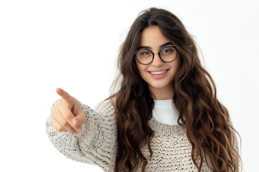 Student woman pointing portrait glasses.