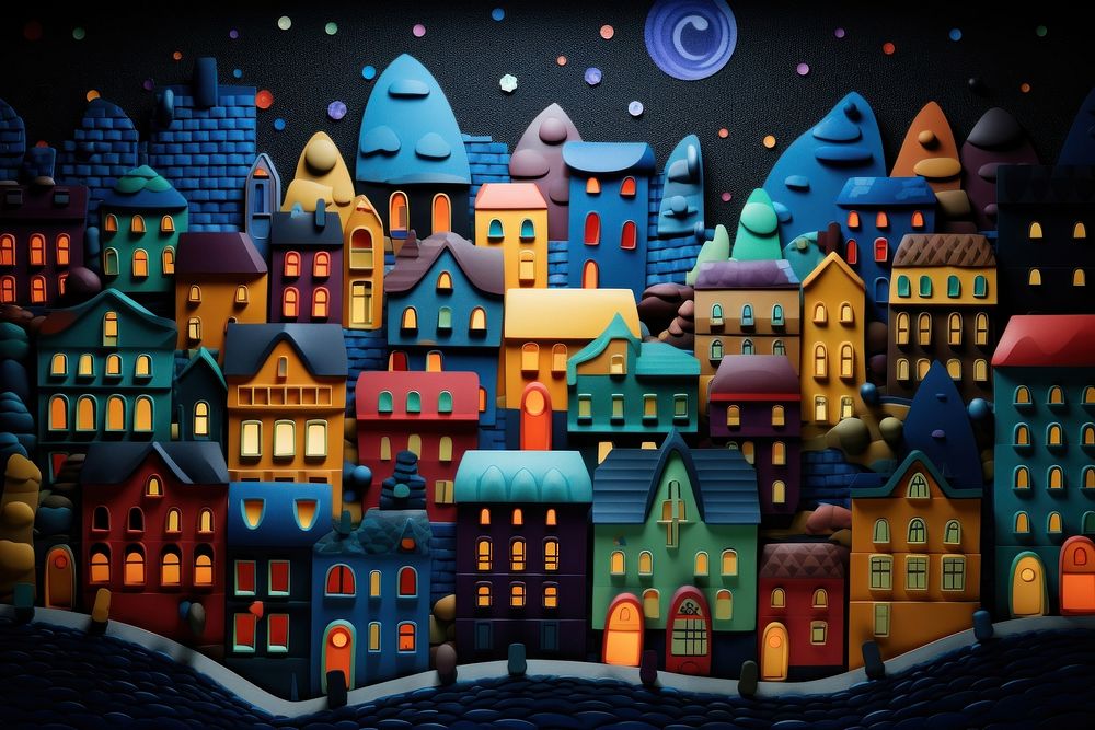 Plasticine of town night confectionery architecture neighborhood.