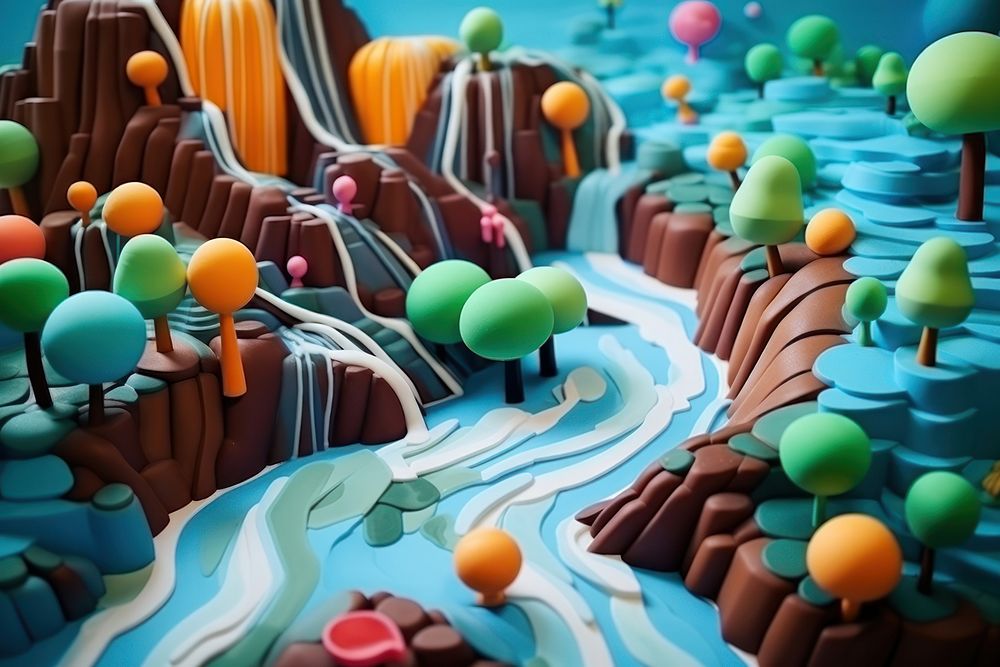 Plasticine of waterfall landscape dessert cake.