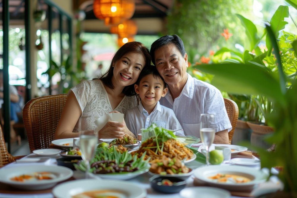 Thai family dinner som tum restaurant father adult.