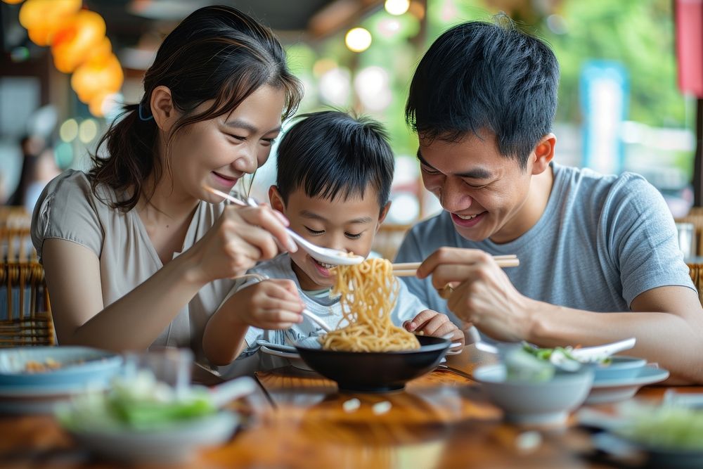 Thai family eat noodle chopsticks restaurant father.