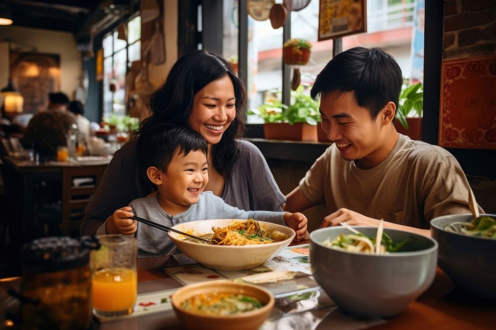 Thai family eat noodle restaurant father adult.