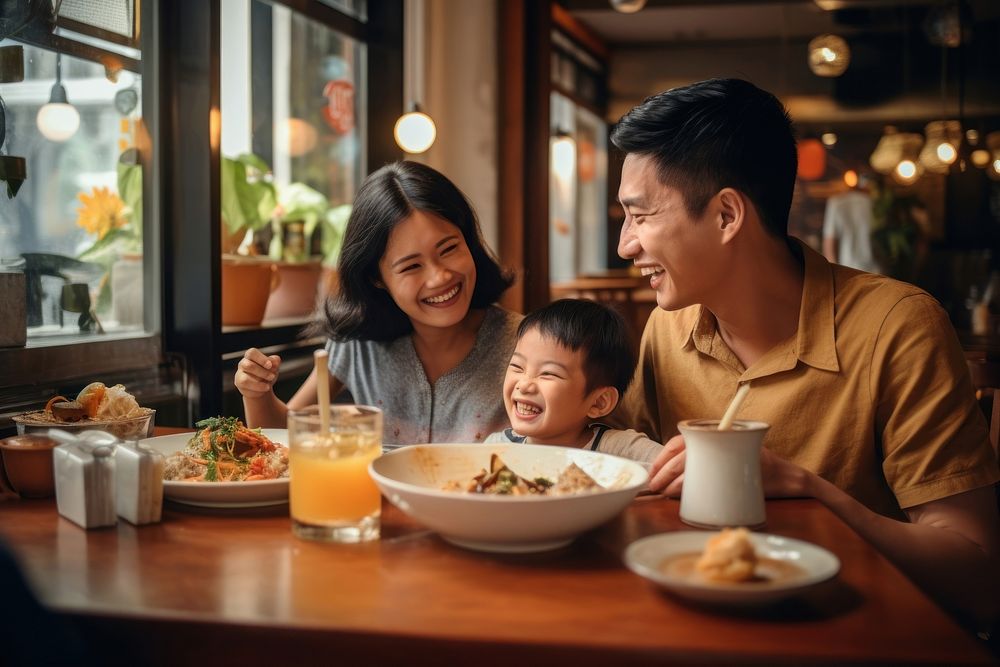Thai family eat noodle restaurant father adult.