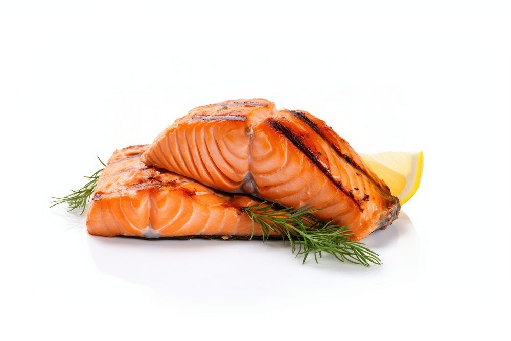 Salmon grill seafood meat white background.