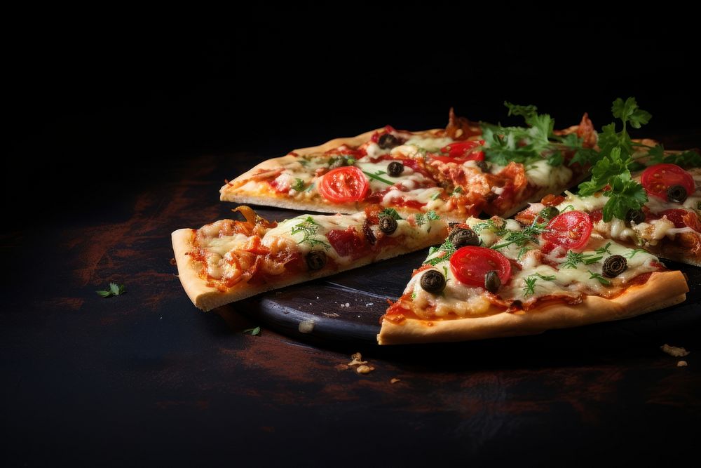  Pizza olive slice table. AI generated Image by rawpixel.