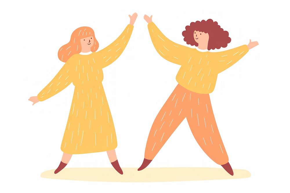 Doodle illustration of two friend dancing cartoon white background.