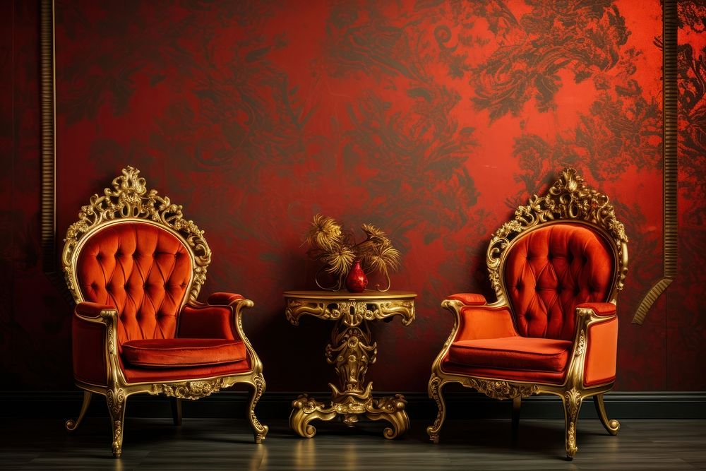 Furniture in front of a wall decorated throne chair gold. AI generated Image by rawpixel.