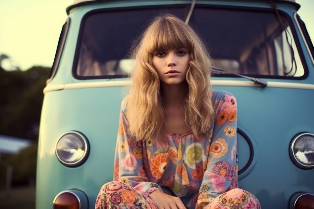 Woman in hippie clothing vehicle fashion sitting. AI generated Image by rawpixel.
