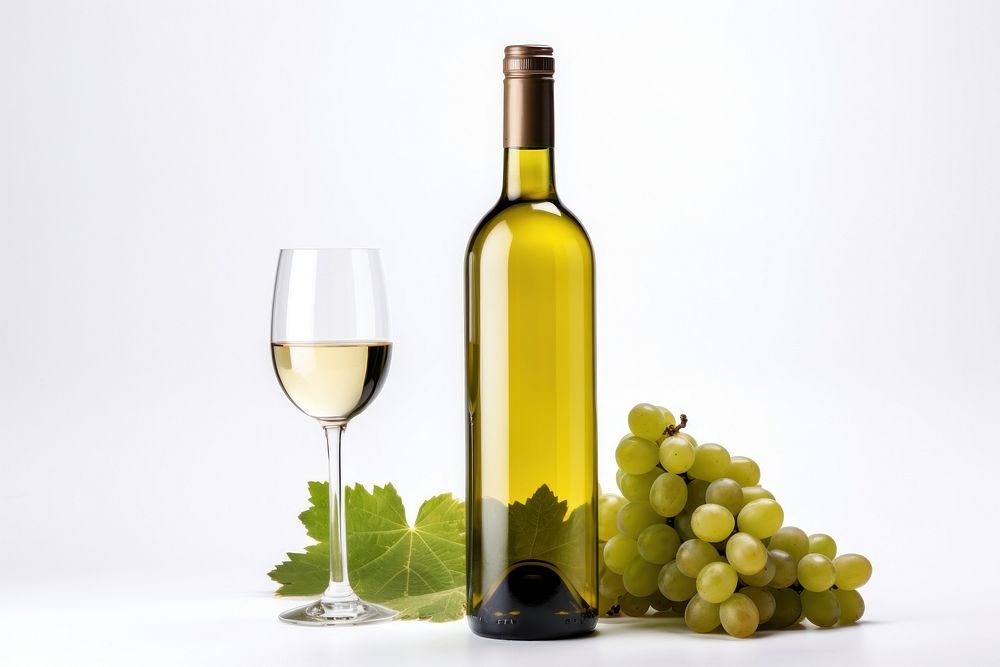 White wine bottle grapes glass.