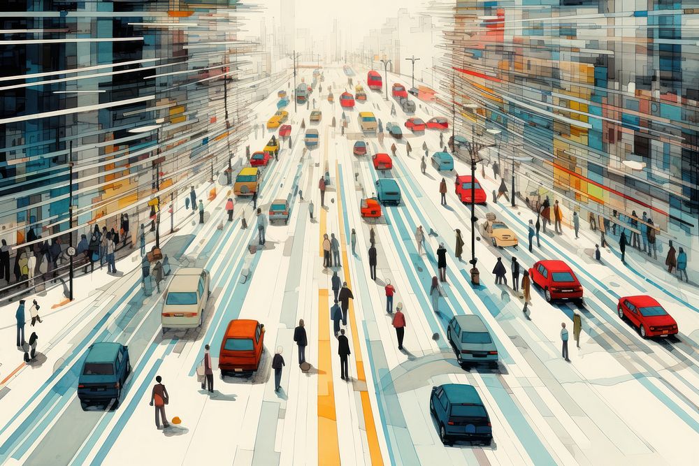  Crowd street car crossing. AI generated Image by rawpixel.