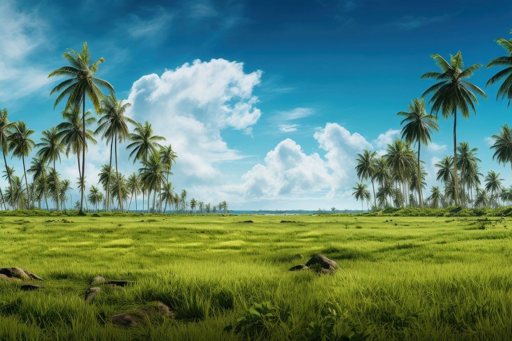 Coconut trees field vegetation landscape.