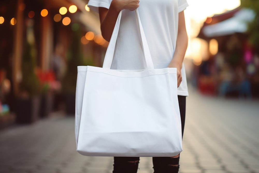 White tote bag handbag holding street.