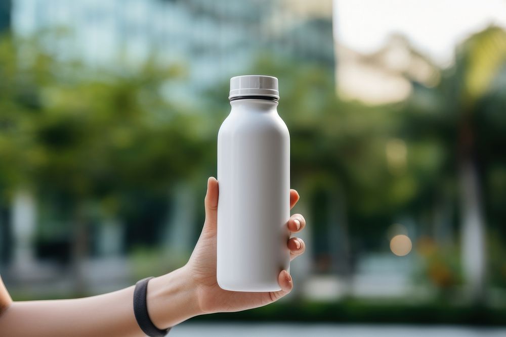 White bottle outdoors holding drink.