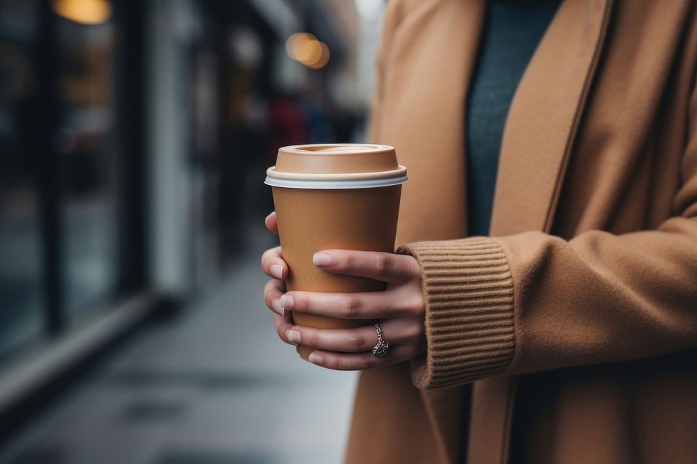 Cup of coffee holding drink hand.