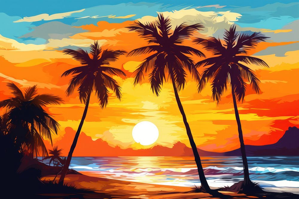 Palm trees sunset summer beach.
