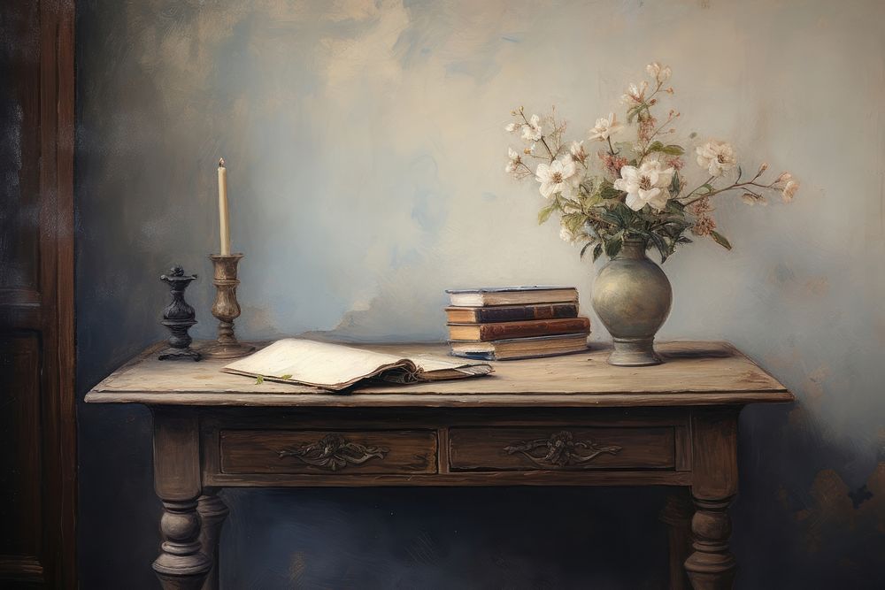 Vintage desk painting furniture flower. AI generated Image by rawpixel.