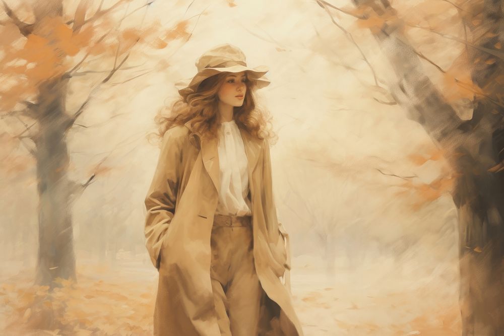 Women walking painting overcoat portrait.