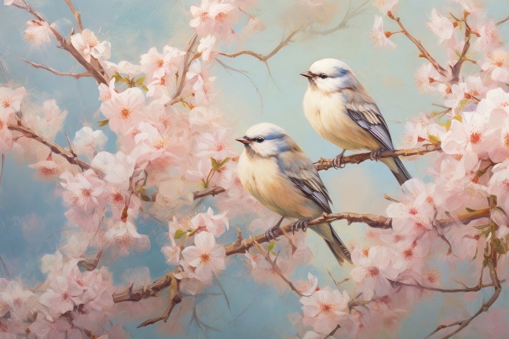 Birds flying in garden painting outdoors blossom.