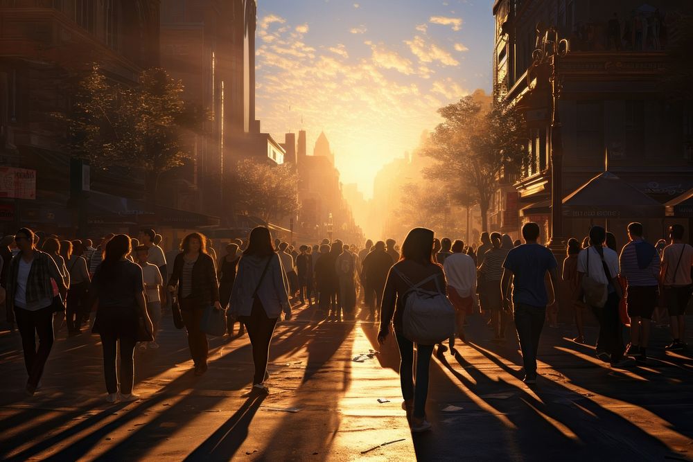  Crowd walking street sunlight. AI generated Image by rawpixel.