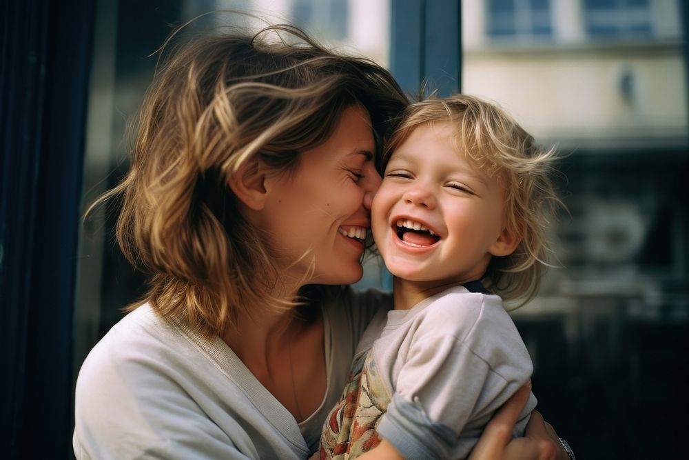 Woman and kid laughing portrait adult. AI generated Image by rawpixel.