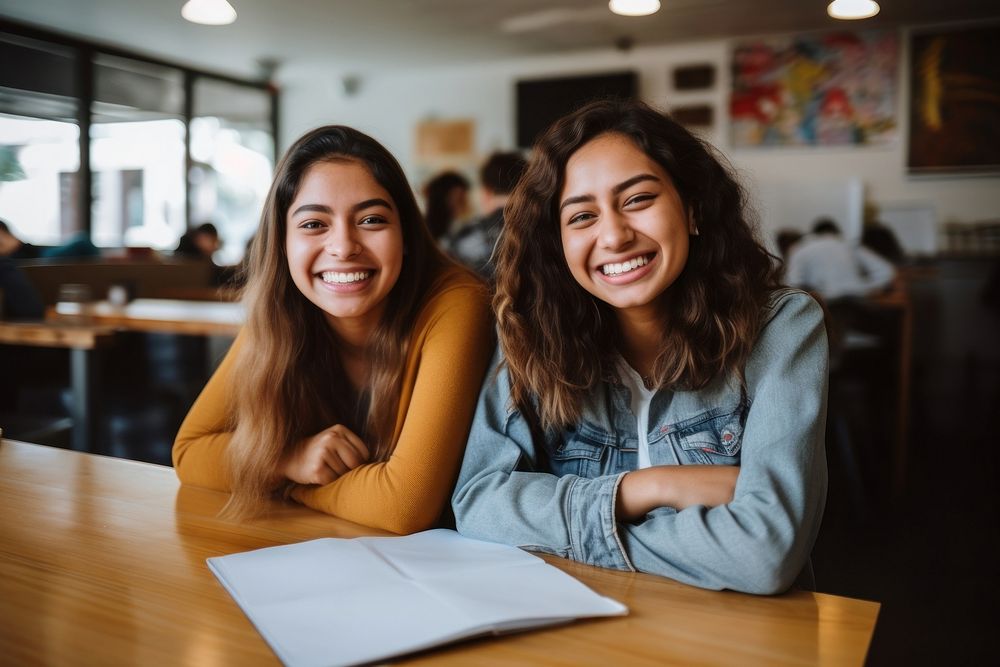 Two latina students laughing smile adult.