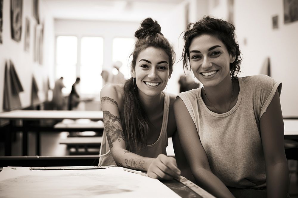 Two latina students portrait indoors smile.