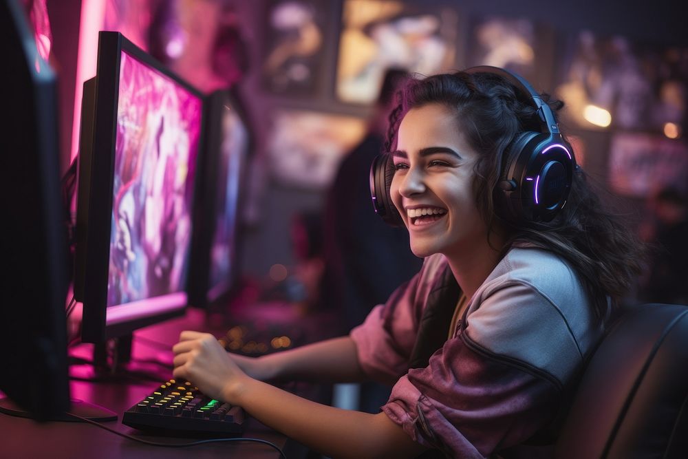 Girl playing video game headphones computer electronics.