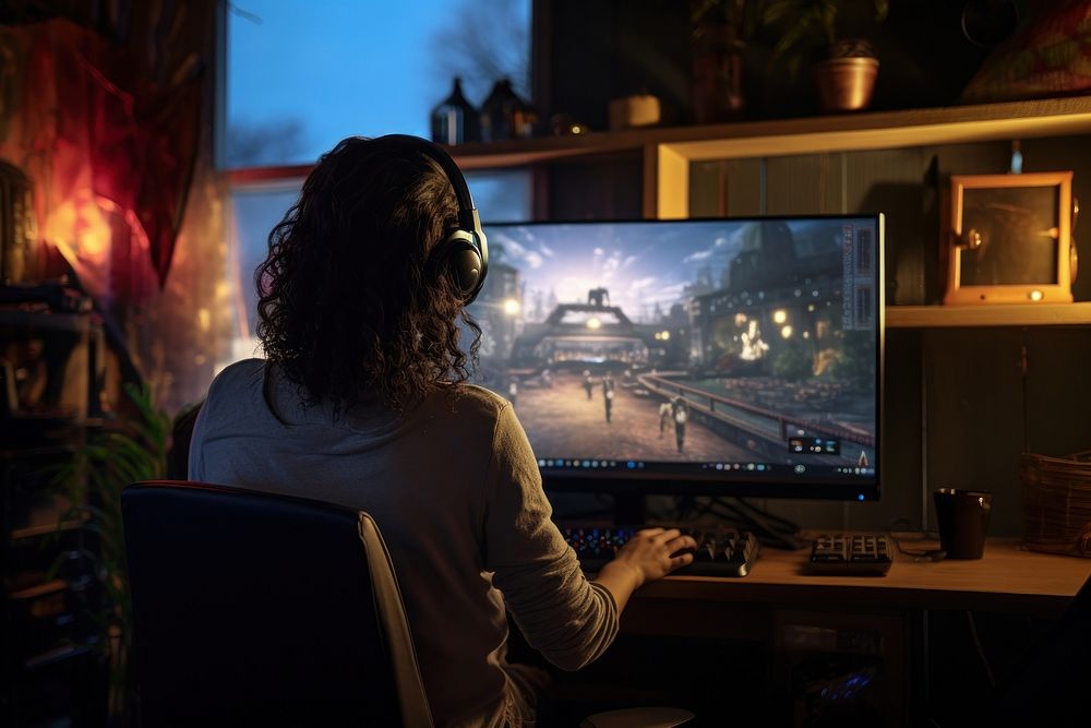 Woman playing video game computer adult electronics.