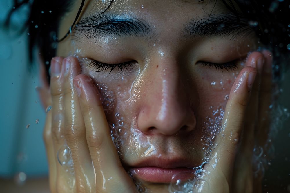 Japanese men washing adult face.