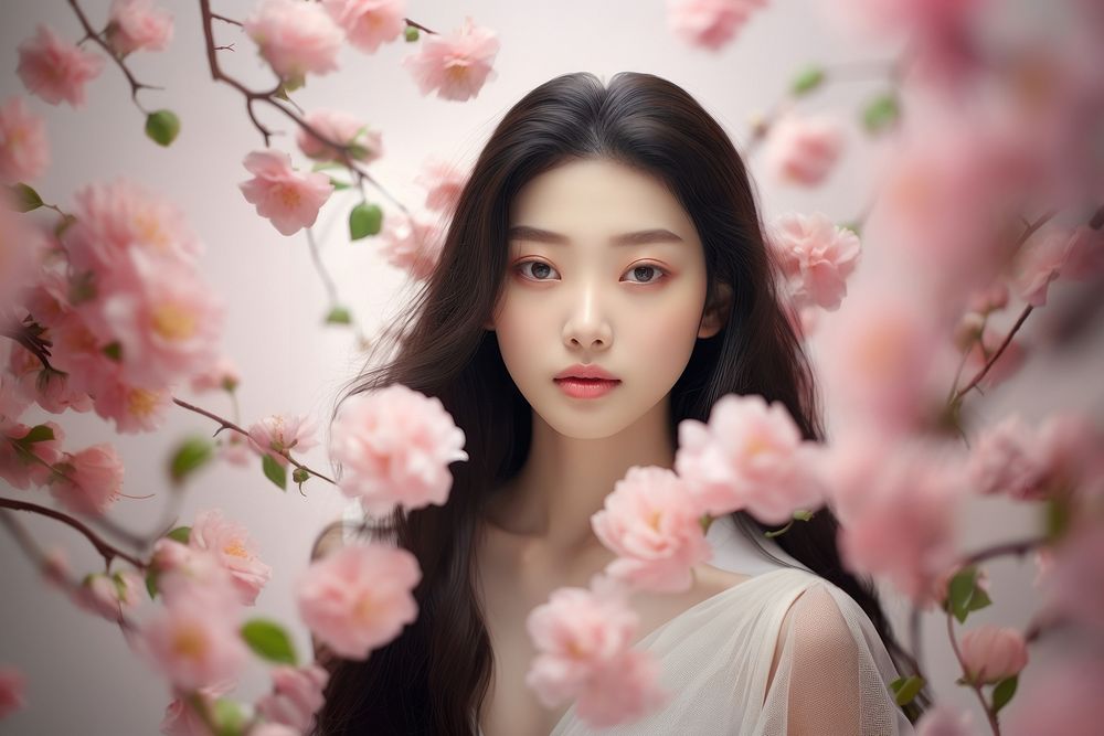Korean beauty blogger portrait blossom fashion.
