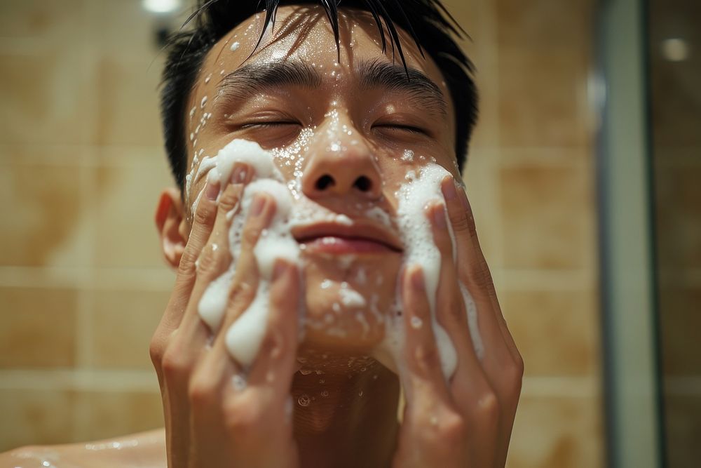 Taiwanese men cleaning bathroom portrait.