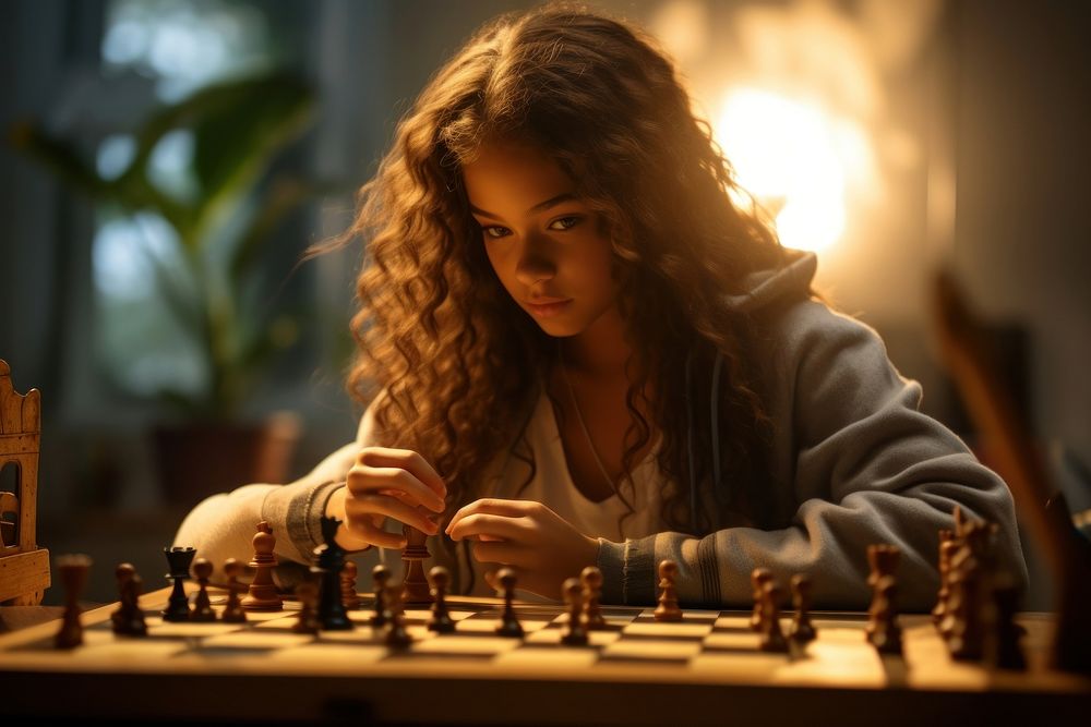 Girl playing chess game contemplation concentration.