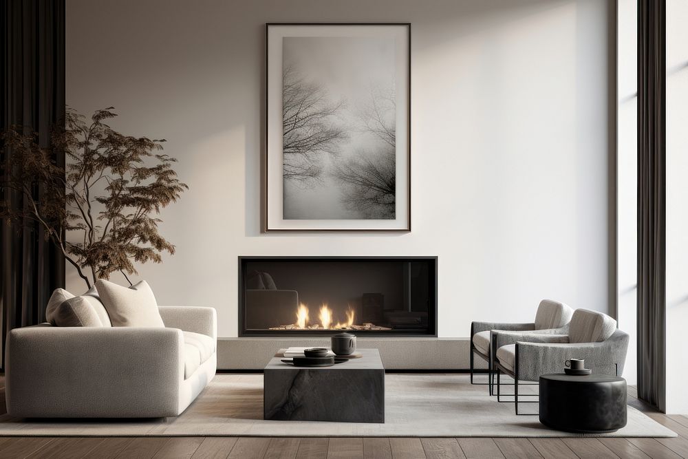 Living room architecture furniture fireplace. AI generated Image by rawpixel.