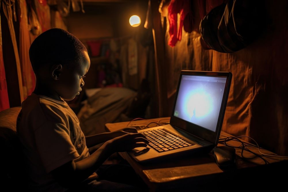 African kid computer working laptop.