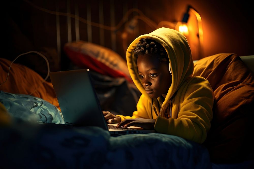 African kid computer bedroom laptop.
