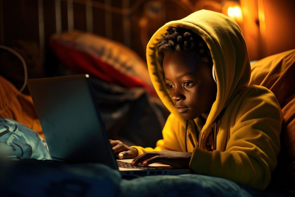African kid computer portrait laptop.