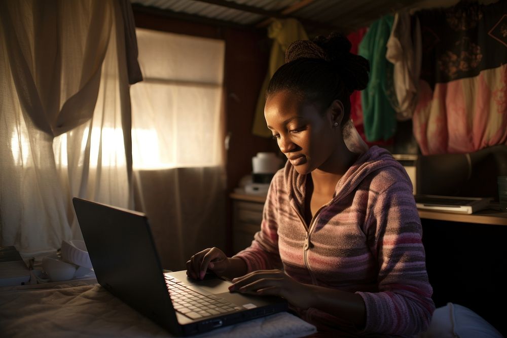 South African girl computer working laptop.