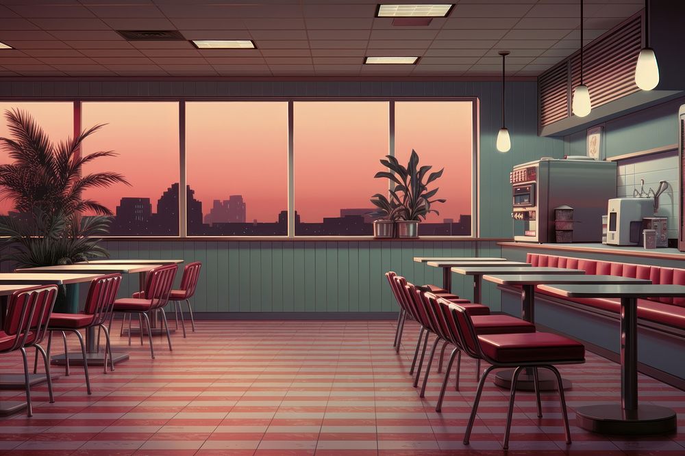  Retro aesthetic wallpaper restaurant furniture cafeteria. AI generated Image by rawpixel.