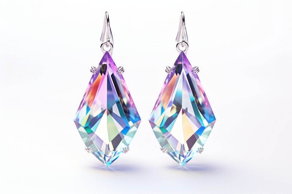 Crystal earrings iridescent gemstone jewelry white background.