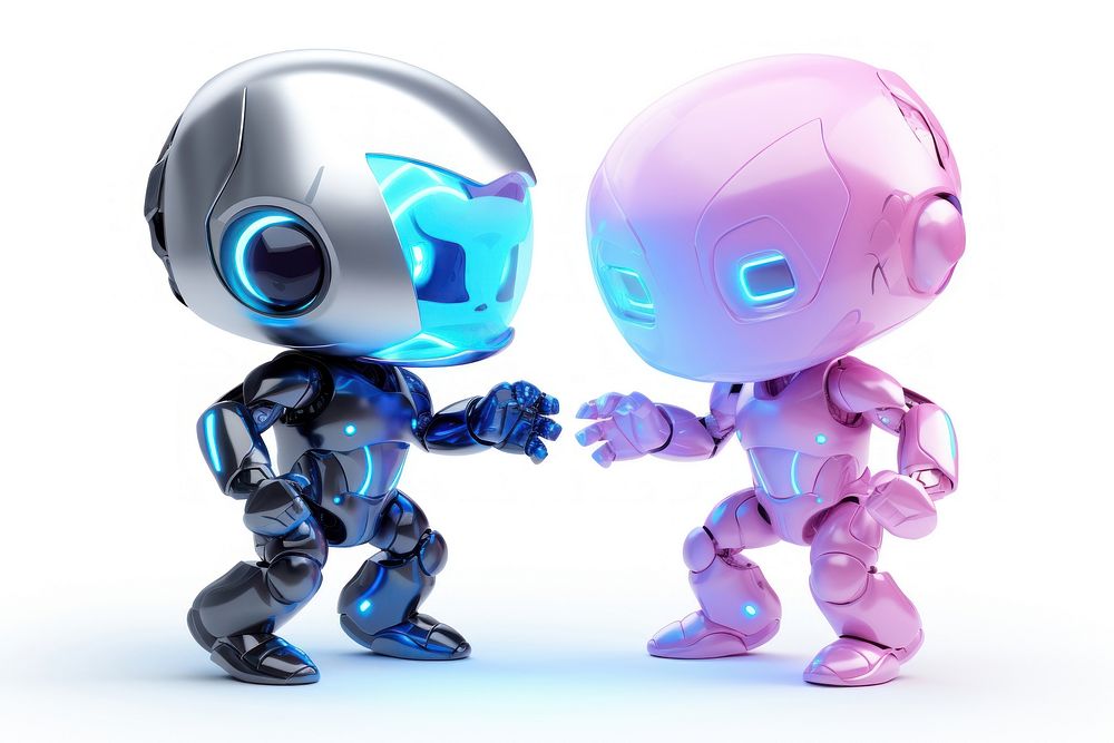 Cute robot fighting stance iridescent electronics futuristic technology.