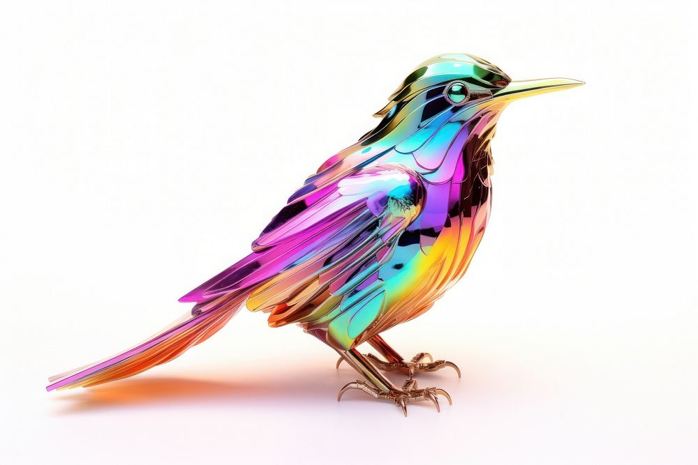 Bird sculpture iridescent animal beak white background.