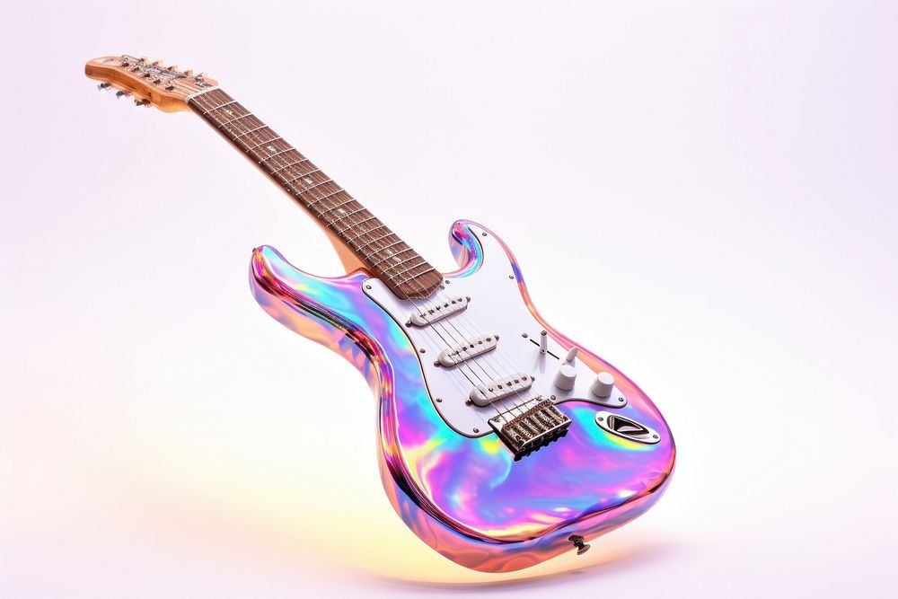 Guitar on fire iridescent white background string purple.