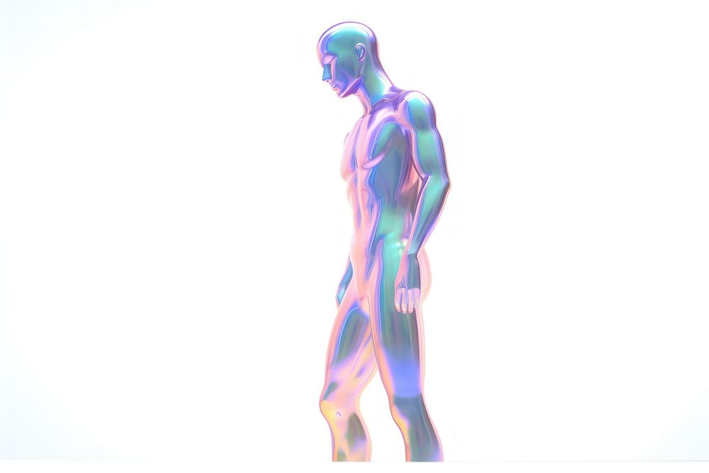 Human standing sculpture iridescent white background futuristic creativity.