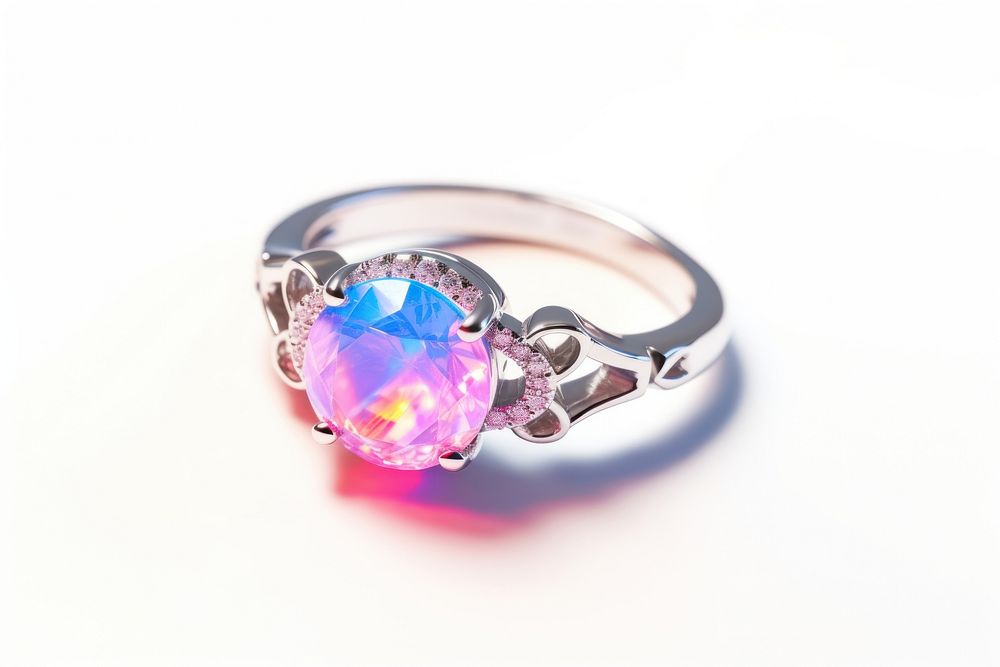 Opal ring iridescent gemstone jewelry white background.