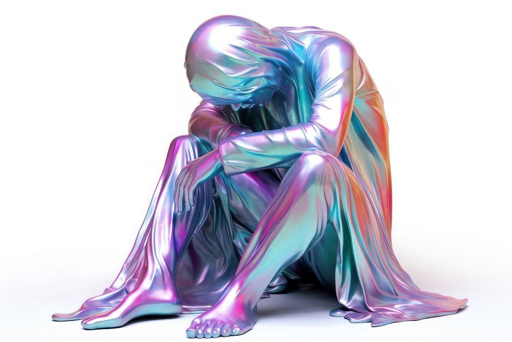 Sad human sculpture iridescent adult white background creativity.